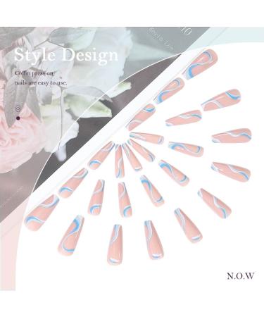 Vatocu Coffin Shiny False Nails - Long Wavy Lines Nude Color Stick-On Acrylic Nails for Women & Girls (24pcs) | International Shipping Available - Buy Online on SooperMarket.com
