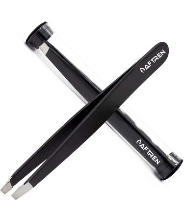 AFTREN Tweezers for facial hair women & men Professional Stainless Steel black color coated precision tweezers Slanted & Pointed Tip eyebrow tweezers for Ingrown Hair tweezers (Black)