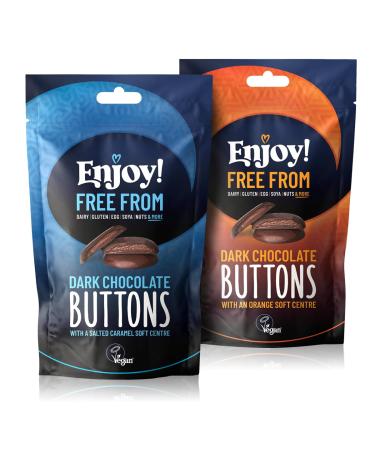 Enjoy! Delicious Vegan Chocolate Buttons | 2 X Packs of Flavour Filled Buttons-Mixed Flavour Gift Pack (Salted Caramel & Orange) | Vegan Dairy & Gluten Free 70% Dark Chocolate | 96g per bag Mixed Pack (Orange & Salted Caramel)