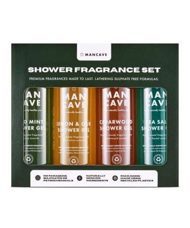 ManCave Men's Ultra-Premium Shower Gel Fragrance Gift Set Featuring 4 x 500ml Natural Sulphate Free Shower Gels: Wild Mint Lemon & Oak Cedarwood and Sea Salt fragrances Vegan Friendly