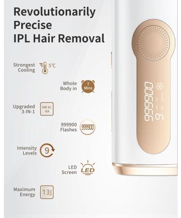 ZKMAGIC IPL Laser Hair Removal Device - Painless, 3-in-1 Ice Cooling Hair Remover for Women and Men - 9 Levels, 2 Modes - Long Lasting Results - Whole Body White Gold - Buy Online on SooperMarket.com