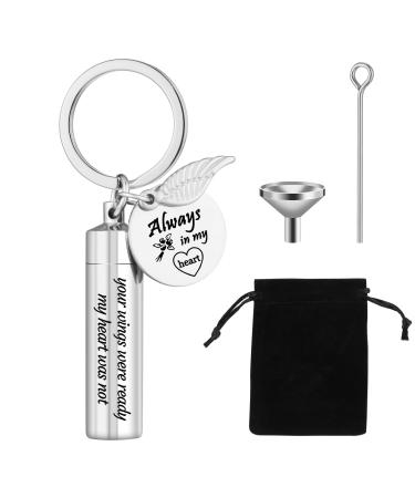Fanshiontide Cremation Jewelry Urn Keychain for Ashes Cylinder Memorial Angel Wing Keepsake Urn Key Chain Stainless Steel for Human Pet Ashes Silver