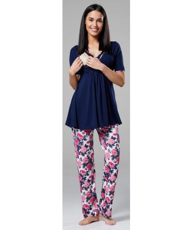 Happy Mama Maternity Nursing Nightwear Set - 3 Piece Navy and Ecru with Flowers | Pants, Top, Robe 558p - Buy Online on SooperMarket.com