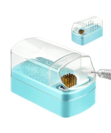 Andibro 2 In 1 Nail Drill Bits Holder 30 Holes Dustproof Nail Bits Organizer Nail Drill Bits Cleaning Brush Case Dustproof Nail Art Drill Bits Stand Display Storage Box Cleaner Manicure Tool (Blue)