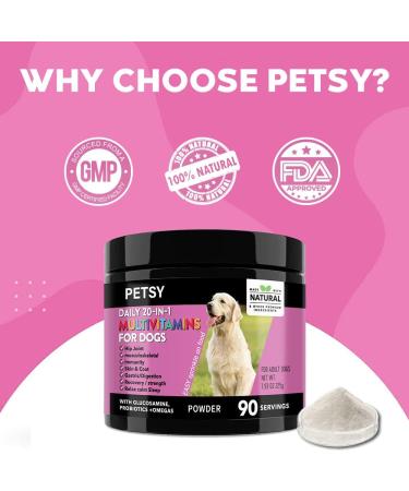 PETSY Dog Vitamins & Supplements 20-in-1 Essential Multivitamins B2 B3 B6 B7 B12 Vit C Folic Acid Biotin Glucosamine Chondroitin Wild Alaskan Salmon oil Hemp Seed oil Probiotics Blend TUB OF POWDER - Buy Online on SooperMarket.com
