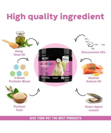 PETSY Dog Vitamins & Supplements 20-in-1 Essential Multivitamins B2 B3 B6 B7 B12 Vit C Folic Acid Biotin Glucosamine Chondroitin Wild Alaskan Salmon oil Hemp Seed oil Probiotics Blend TUB OF POWDER - Buy Online on SooperMarket.com