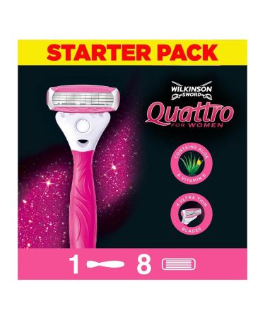 WILKINSON SWORD - Quattro For Women | Smooth Glide| Razor Handle + 8 Blade Refills 1 count (Pack of 1)