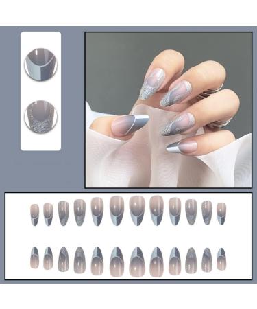 Justotry 24 Pcs Almond Glitter Silver Short False Nails Grey French Press on Nails with Nail Glue - Oval Medium Stick on Nails for Women - Buy Online on SooperMarket.com