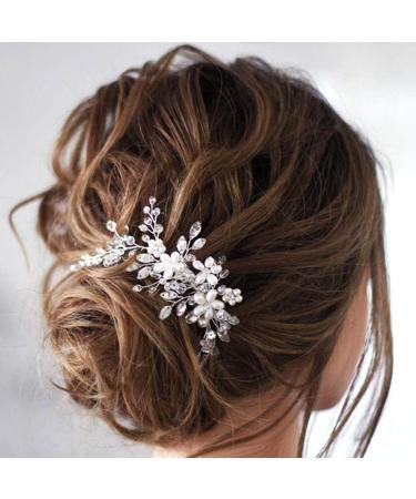Prosy Bridal Wedding Flower Hair Comb Slide - Silver Crystal Hair Accessories & Rhinestone Headpiece for Women & Girls - Buy Online on SooperMarket.com