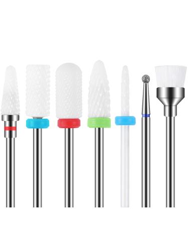 MAQUITA 7Pcs Ceramic Nail Drill Bits Set Professional Remove Gel Acrylic Cuticle Diamond 3/32 Nail Drill Bit Tools for Manicure Pedicure Home Salon Use Great Gift for Women Girls white