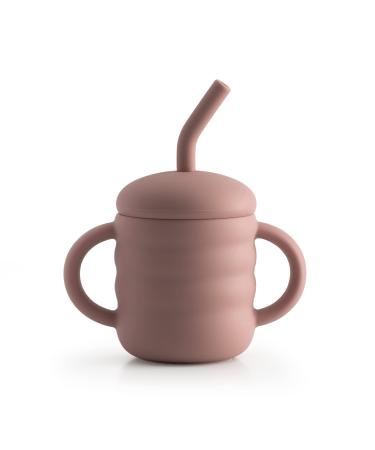 Cute 2-1 Silicone Straw Sippy Cup with Stopper - 5.4 OZ Spill-proof Sippy Cups for Baby 6+ Months w/ Dbl Handles  Grooved Body & Angled Straw for Fun & Safe Drinking - Includes Cleaning Brush - Pink