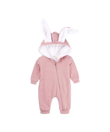 Kids Tales Newborn Baby Winter Warm Outfits Cute Rabbit Ear Hooded Zipper Romper 6-9 Months Pink Thick