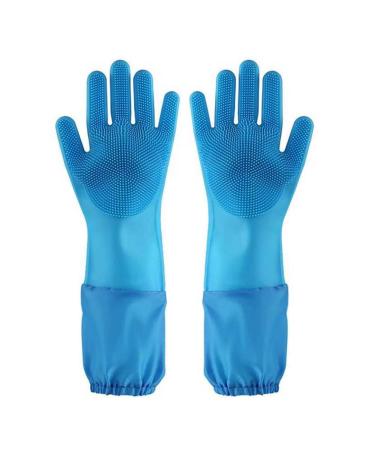 Rubber Dishwashing Gloves Extra Long Sleeves Cleaning Scrubber Gloves Waterproof Mittens 1Pair Blue.