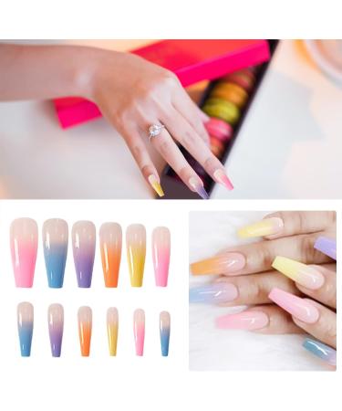 24pcs Rainbow Press On Nails Long Ballerina False Nails Full Cover Coffin Fake Nails Stick On Nails Neon Tip French Manicure Artificial Nails Acrylic Nails Stick On Nail False Tips for - Buy Online on SooperMarket.com