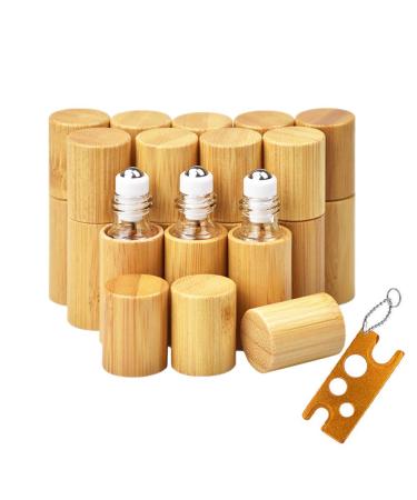 12Pcs 5ml Bamboo Roll on Bottles for Essential Oils, Portable Massage Oil Bottle Clear Inner with Stainless Steel Roller Ball, Eco-friendly Travel Perfumes Sample Lip Gloss Container (1 Opener)