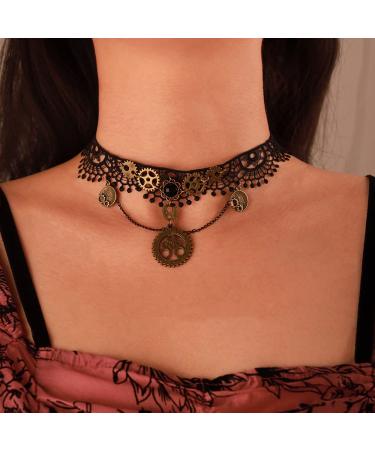 Chargances Stempunk Black Lace Necklace with Gear Clock Pendant Vintage Crystal Neck Chain Collar Choker Gothic Jewelry Party Wedding for Women and Girls (Style 1)