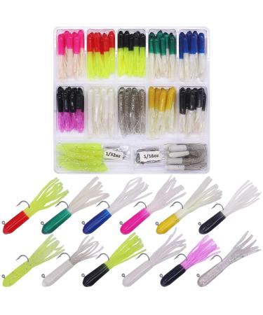 Tube Bait Crappie Lures Tube Jigs Heads Panfish Kit Crappie Bait Fishing Lure Gear Small Soft Plastic Worm Baits for Freshwater Pan Fish Trout Tackle Set Bluegill 130 Piece Kits 120 Bodies 10 Jigheads