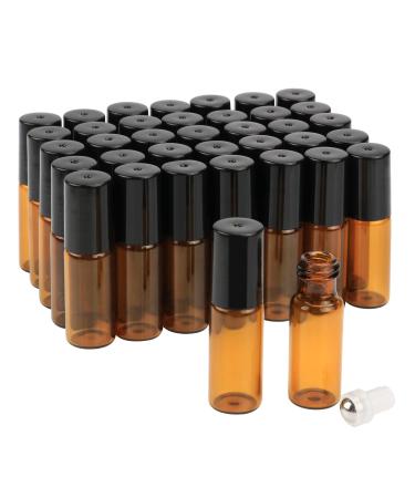 Amber glass roll bottles 5 ml 35 pieces with stainless steel roller balls and black lids perfect for essential oils aromatherapy mixtures/perfumes/lip balm including dropper