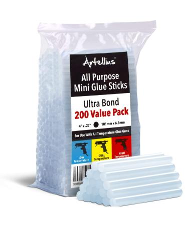 Artellius Mini Hot Glue Gun Sticks (Huge Bulk Pack of 200) 4" and 0.27 Diameter - Compatible with Most Glue Guns 200 Pack Clear