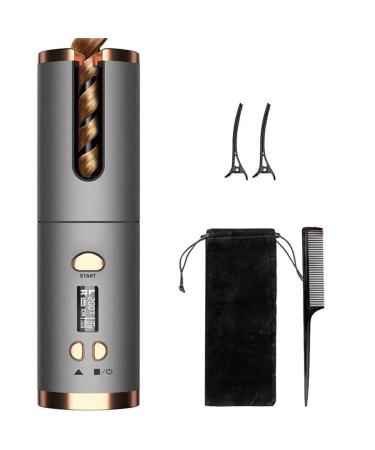 GeRRiT Hair Curler Set Cordless Automatic Rotating Hair Curler Curling Iron Ceramic Rotating Wireless Auto Curling Iron Wand Portable Rechargeable Curling Wand Auto Shut-Off Gray