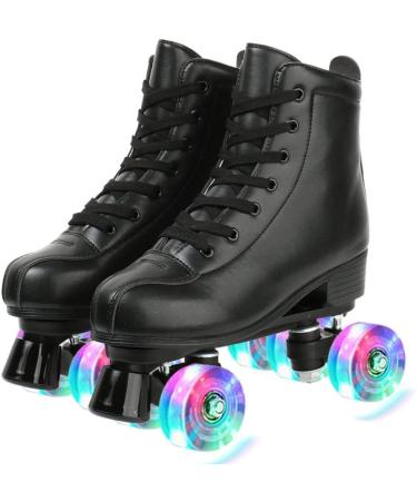 XUDREZ Double-Row PU Leather High-top Roller Skates | Unisex 4-Wheel Shiny Black Roller Skates | Women's 11 / Men's 9.5 - Buy Online on SooperMarket.com