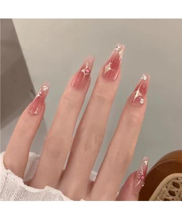 Moguri 24 pieces of pink diamonds artificial nails to press medium length glossy white silver-colored artificial nails stars moon blush designs artificial acrylic