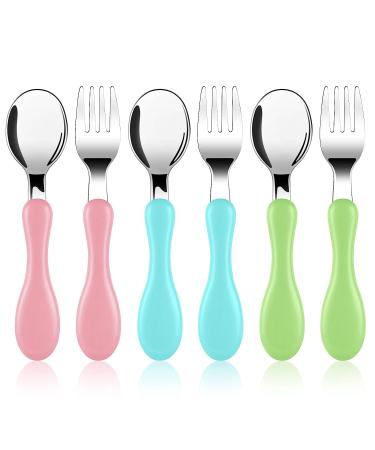 Vicloon Baby Fork and Spoon 6 PCS Toddler Utensils Spoons Forks Tableware Set Toddler Utensils Stainless Steel Baby Forks and Spoons Baby Feeding Cutlery Utensils Weaning Spoons for Kids Light Blue/Green/Pink