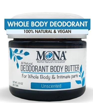 MONA UNSCENTED All Natural Deodorant for Whole Body & Intimate Parts | Hypoallergenic & Safe for Women & Men with Sensitive skin | No Aluminum Baking Soda or Synthetic Fragrance | Unscented 2.0 Oz Unscented 2 Ounce (Pack of 1)