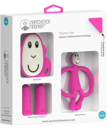 Matchstick Monkey Antimicrobial Teething Starter Set - Pink Monkey Set for Babies 3 Months+ | Includes Flat Face Teether, Animal Teether, and Finger Toothbrushes - Buy Online on SooperMarket.com