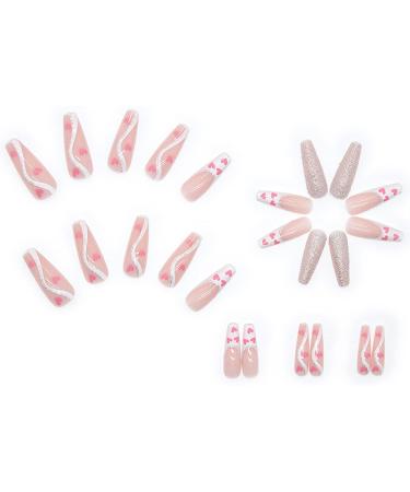 Luvadeyo 24pcs Coffin Long Press on Nails - Shiny Full Cover Pink Heart Acrylic Fake Nails for Women & Girls - Buy Online on SooperMarket.com