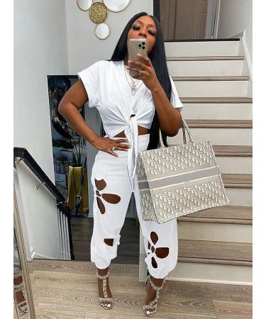 Women's Summer 2 Piece Outfit - Short Sleeve Knot Crop Top with Flower Hollowed Out Sweatpants, All White, Size Large - Buy Online on SooperMarket.com