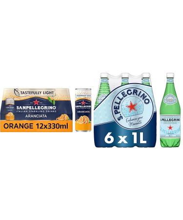 San Pellegrino Italian Tastefully Light Sparkling Orange Canned Soft Drink 12 x 330ml | 64k Cals per Can & San Pellegrino Sparkling Natural Mineral Water 6x1L
