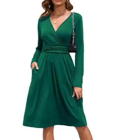 OUGES Women's Spring Casual Midi Dress Long Sleeve V-Neck Floral Ladies Wrap Dress with Pockets M Green