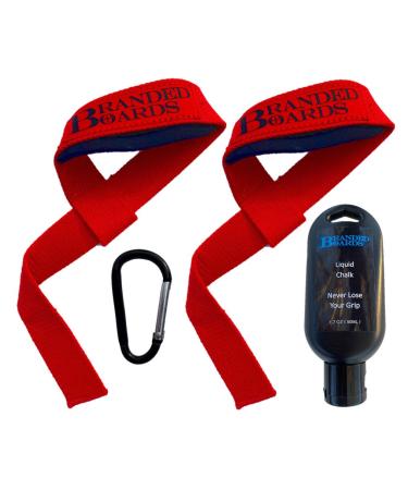 Branded Boards HD Cotton Padded Weightlifting Deadlifting Straps with Liquid Chalk Included. Camo, Red & Black Colors 1 Pair Red Straps & 1 x 50ml Liquid Chalk Bottle