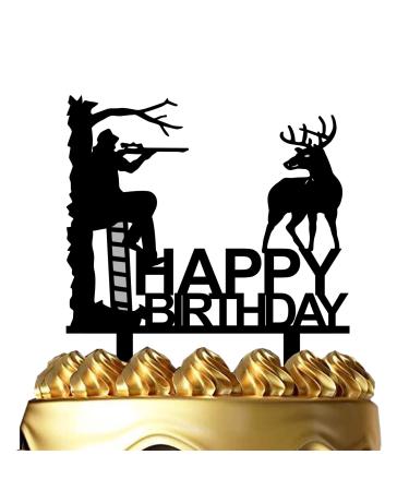 Hunting Birthday Cake Topper - Hunter in Tree Stand Aiming the Deer - Camping Themed Deer Hunter Cake Topper for Men' Birthday Party Supplies (Deer Hunter)