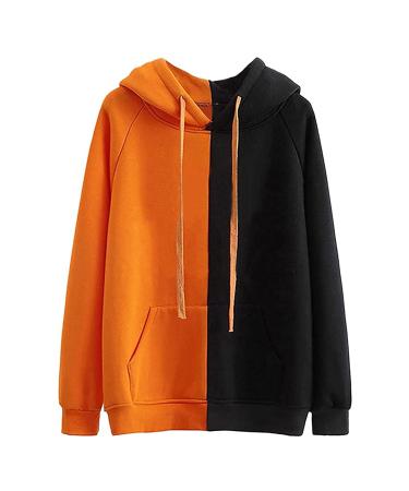 Halloween Shirts for Women Patchwork Hoodie - Skull Pumpkin Print Long Sleeve Casual Pullover Shirt Blouse Halloween Costumes Orange Large