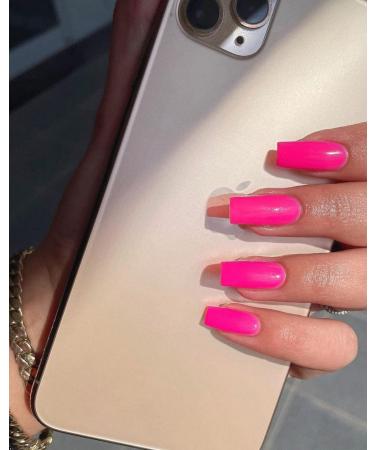 Hot Pink Medium Long Square Press On Nails - Glossy Coffin Style with Xcreando Glue - Perfect Fake Nails for Women and Girls - Buy Online on SooperMarket.com