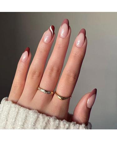 MERVF Oval Press on Nails Medium Fake Nails French Tip Burgundy Round Acrylic Nails Glossy 24pcs False Nails with Designs Fall Brown Glue on Nails Press ons 21102Brown