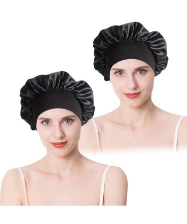 2 Pack Satin Bonnet Night Sleep Caps with Wide Elastic Band Silk Hair Wrap for Sleeping Soft Sleeping Head Cover Sleeping Hat for Women and Girls Curly Hair (Black)