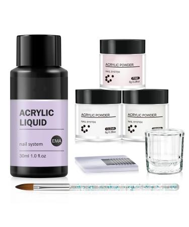 Acrylic Nail Kit - Acrylic Powder Set - Acrylic Nail Kits for Beginners - Nail Extension Carving with Acrylic Nail Brush Home Clear White Pink Colors