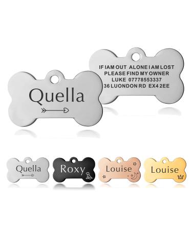 ID Tag Small Large Personalised ID Tag for Pet Dog Doggy Cat Kitten Kitty Puppy Engraved Dog ID Tag (Silver Bone)