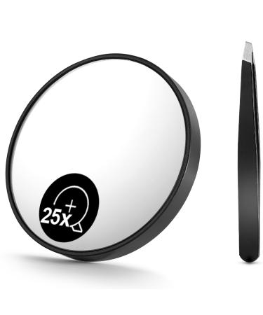 OMIRO 25X Magnifying Mirror Travel Size Suction Magnifier Mirror for Makeup & Bathroom Shaving (8.8cm Black with Tweezer) 25x (150r)