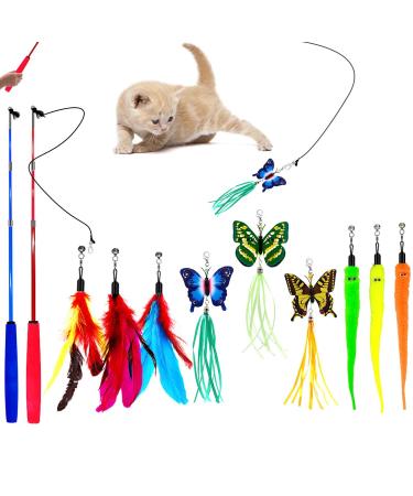 OODOSI Cat Wand Toy, Interactive Cat Toys with 2 Poles & 9 Attachments Worm Feathers, Cat Feather Toy for Kitten Cat for Indoor Cats