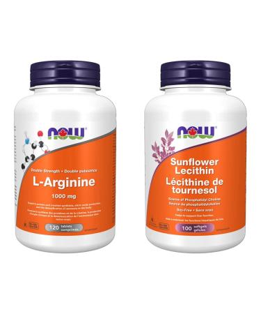 NOW Supplements L-Arginine 1000mg Tablets (120 Count) + NOW Sunflower Lecithin 1200mg Softgels (100 Count) L-Arginine Tablets + Softgels 1200mg