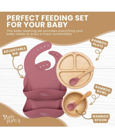 Yum Yum's Set of 6 Baby Feeding Set - Suction Bamboo Plates, Bowl, Wooden Spoons, Bibs | Kids Pink Weaning Set - Buy Online on SooperMarket.com