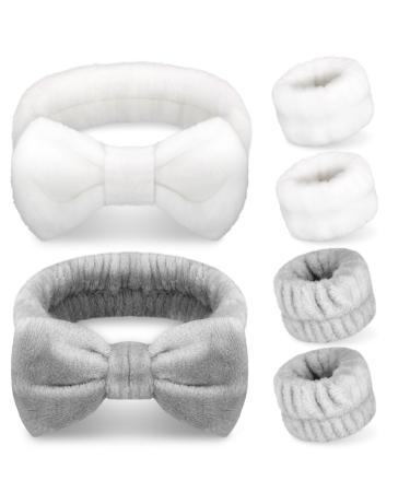 Hair Bandsuit Spa Face Headband 6 Piece Bowknot Make Up Headband Elastic Wrist Wash Band Fluffy Beauty Headband for Women Face Washing Shower Sports (Grey white)
