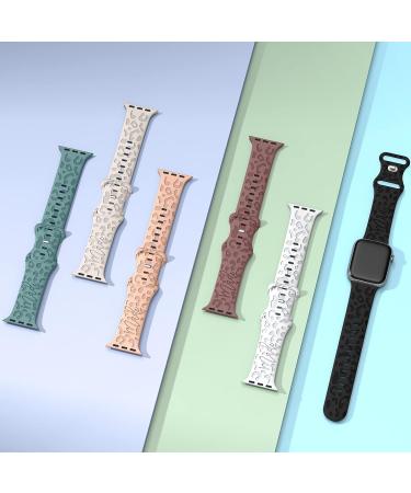 6 Pack Leopard Engraved Apple Watch Bands - Waterproof Cheetah Sport Silicone Wristbands for Women - Compatible with iWatch Series 8 7 6 5 4 3 2 SE - Starlight-38 A - Black/Pink Sand/Pine Green/Starlight/Smoke Violet/White - Buy Online on SooperMarket.com