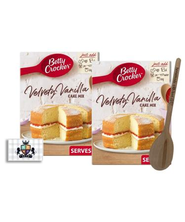 AETN Creations Vanilla Cake Mix Bundle Betty Crocker Velvety Vanilla 2x425G a Delicious Sweet Cake with AETN Wooden Made with Love Mixing Spoon