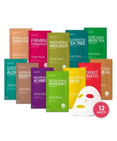 Sheet mask by Glam Up Facial Sheet Mask 12 Combo (Pack of 12) - Face Masks Skincare, Hydrating Face Masks, Moisturizing, Brightening and Soothing, Beauty Mask For All Skin Type