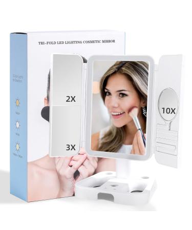 BS-MALL Makeup Mirror Tri-fold LED Lighting Cosmetic Vanity Mirror with Lights Trifold Lighted 2X/3X/10X Magnification Vanit Beauty Magnified Mirrors Whitey Mirror with Lights